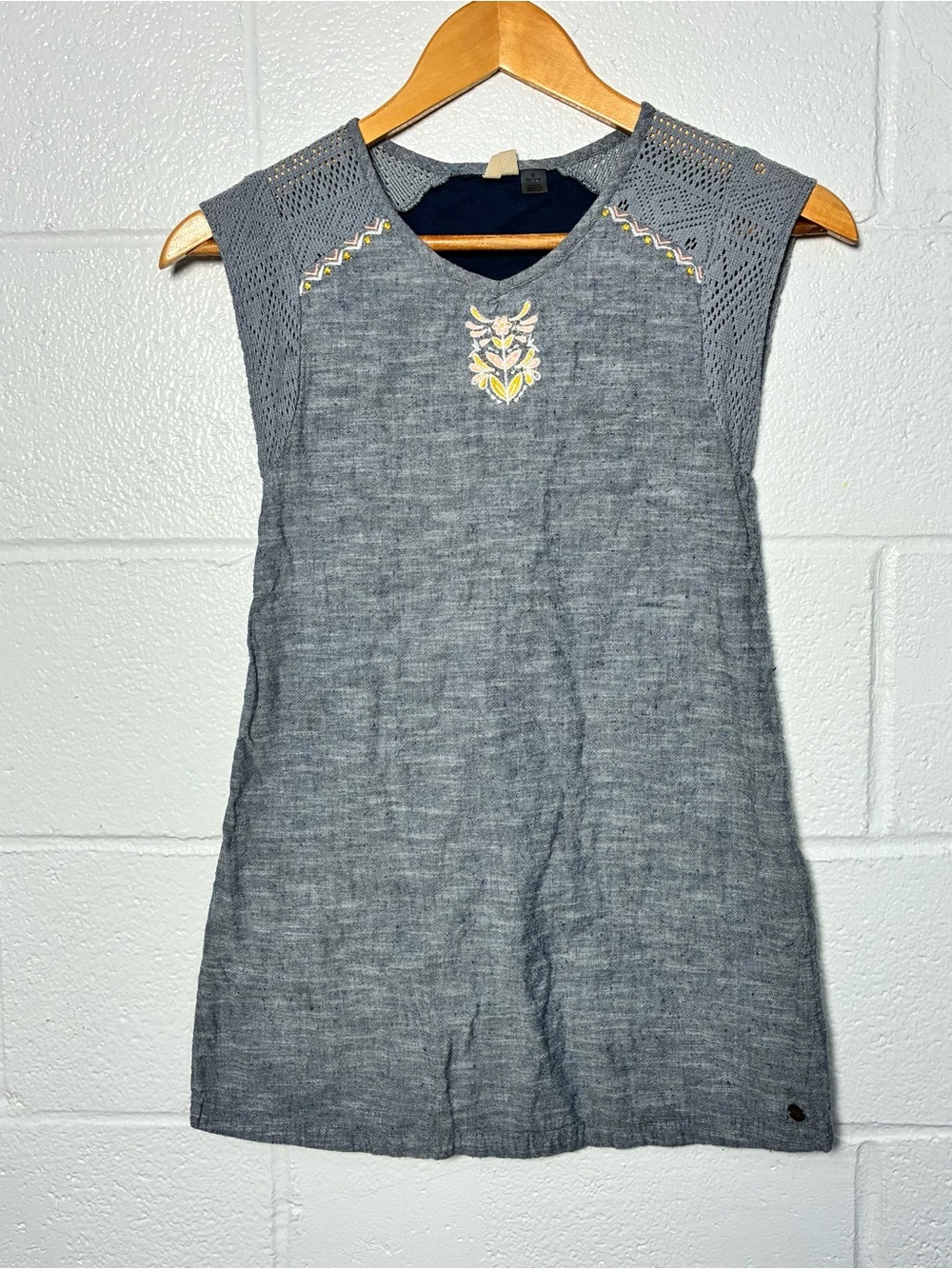 Roxy Girls Gray Chambray Dress with Yellow Embroidery